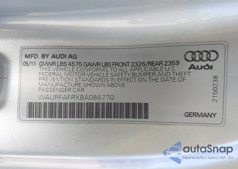 2011 Audi A5 2.0T Premium z USA, uszkodzony, nr VIN WAURFAFRXBA086770